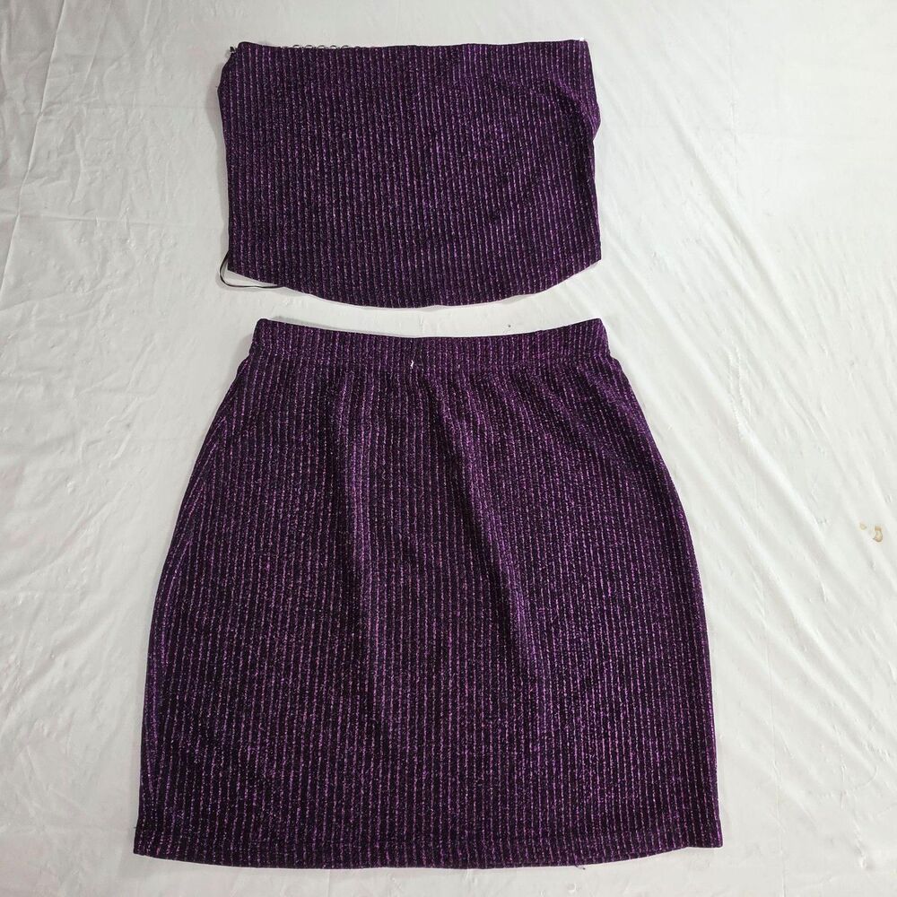 RoomMates Skirt Set Womens M Purple Metallic Stripe 2 Piece Tube Top Outfit